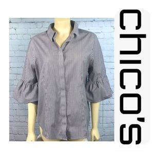 EUC Chico’s size 1 = medium or size 8 no iron ruffle button down blouse